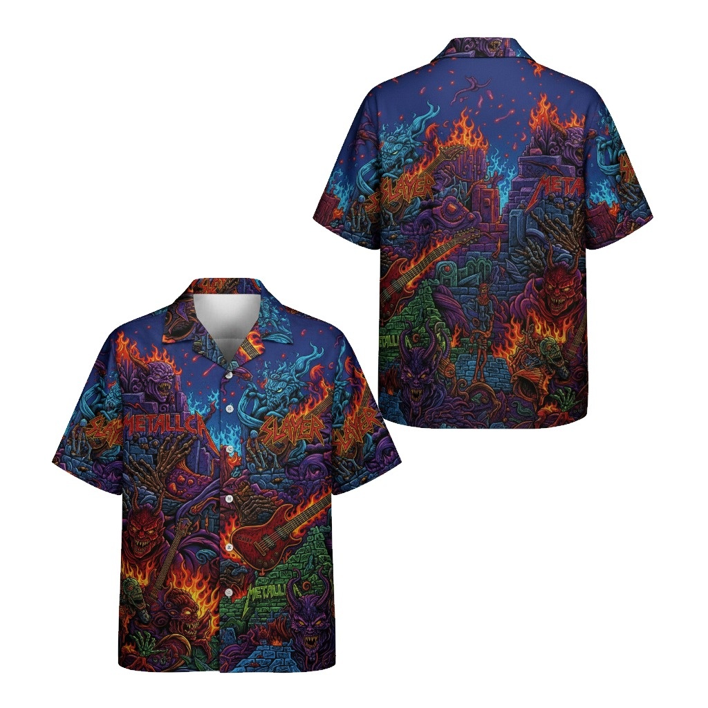Dark Blue Heavy Metal Skull Graphic Button Up Shirt - Fadebrick.com