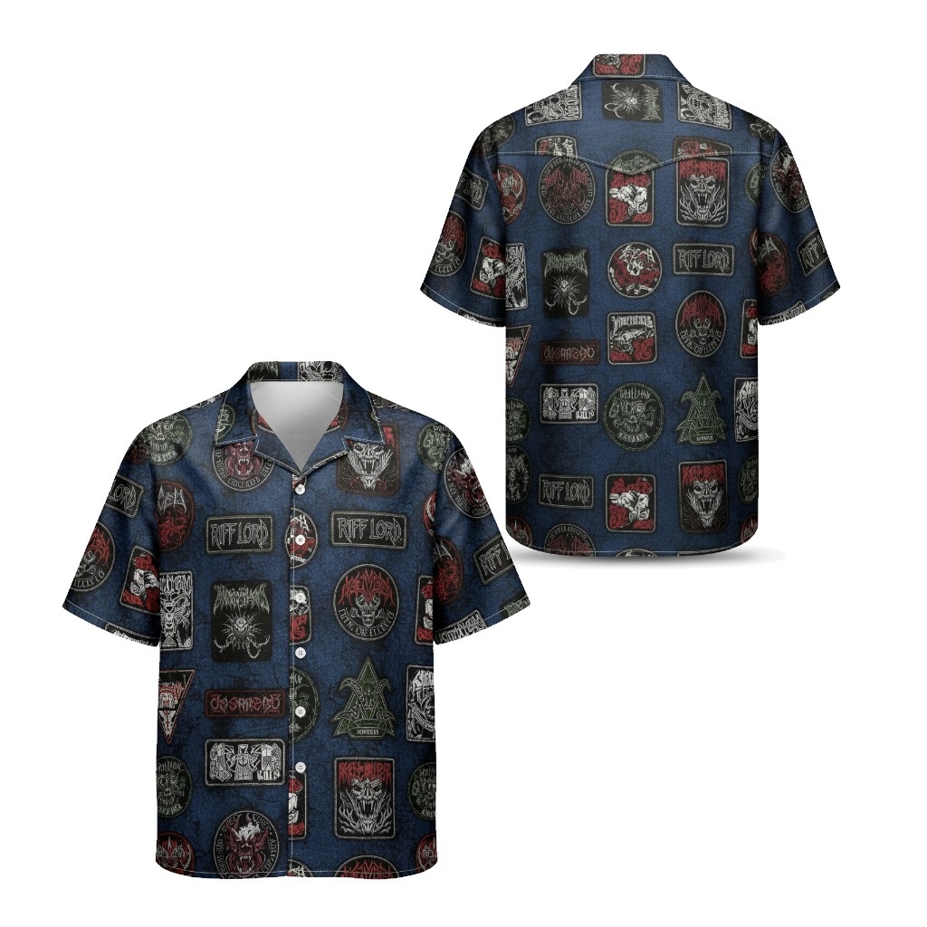 Dark Blue Metal Band Patch Hawaiian Shirt Front Back - Fadebrick.com