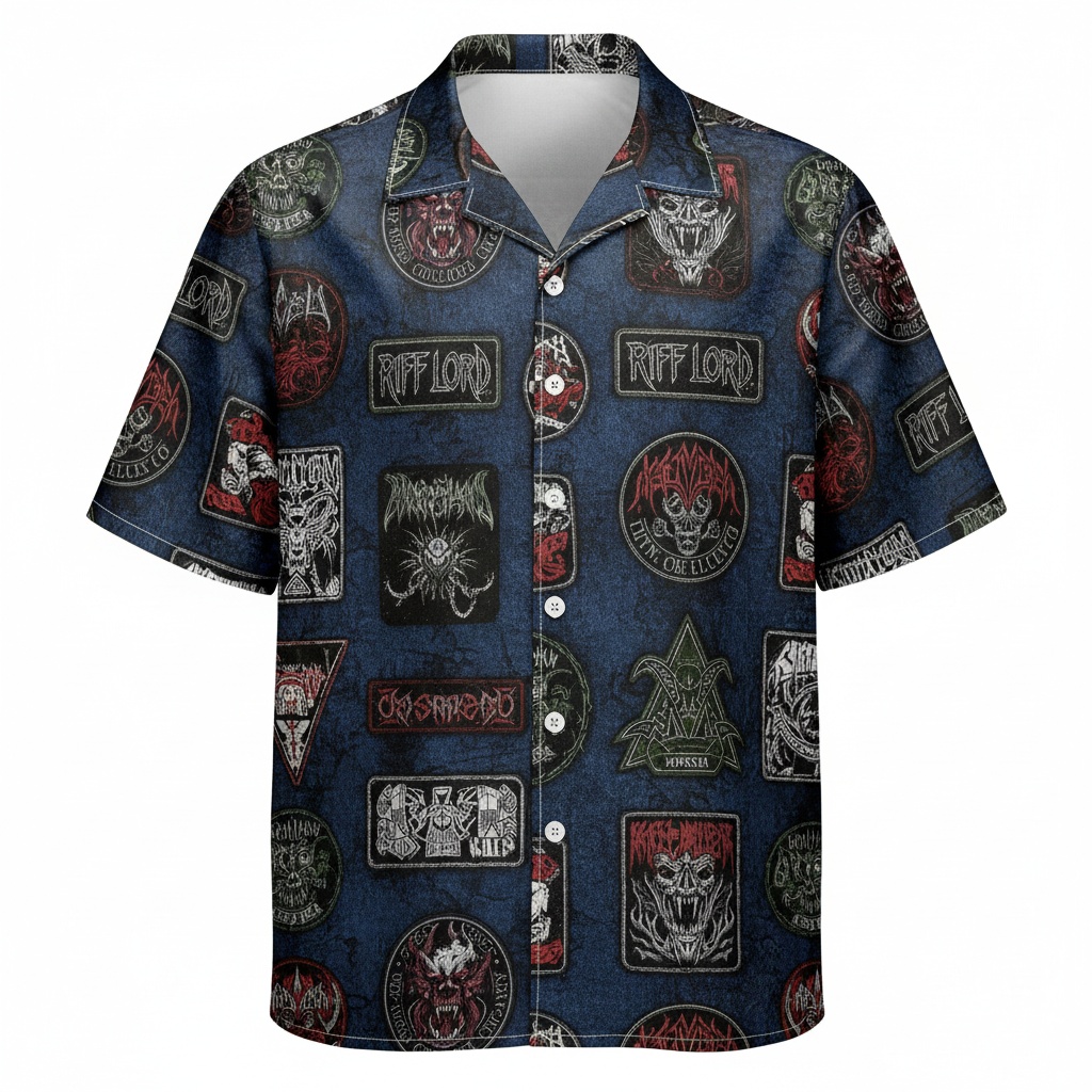 Dark Blue Metal Band Patch Hawaiian Shirt Front - Fadebrick.com