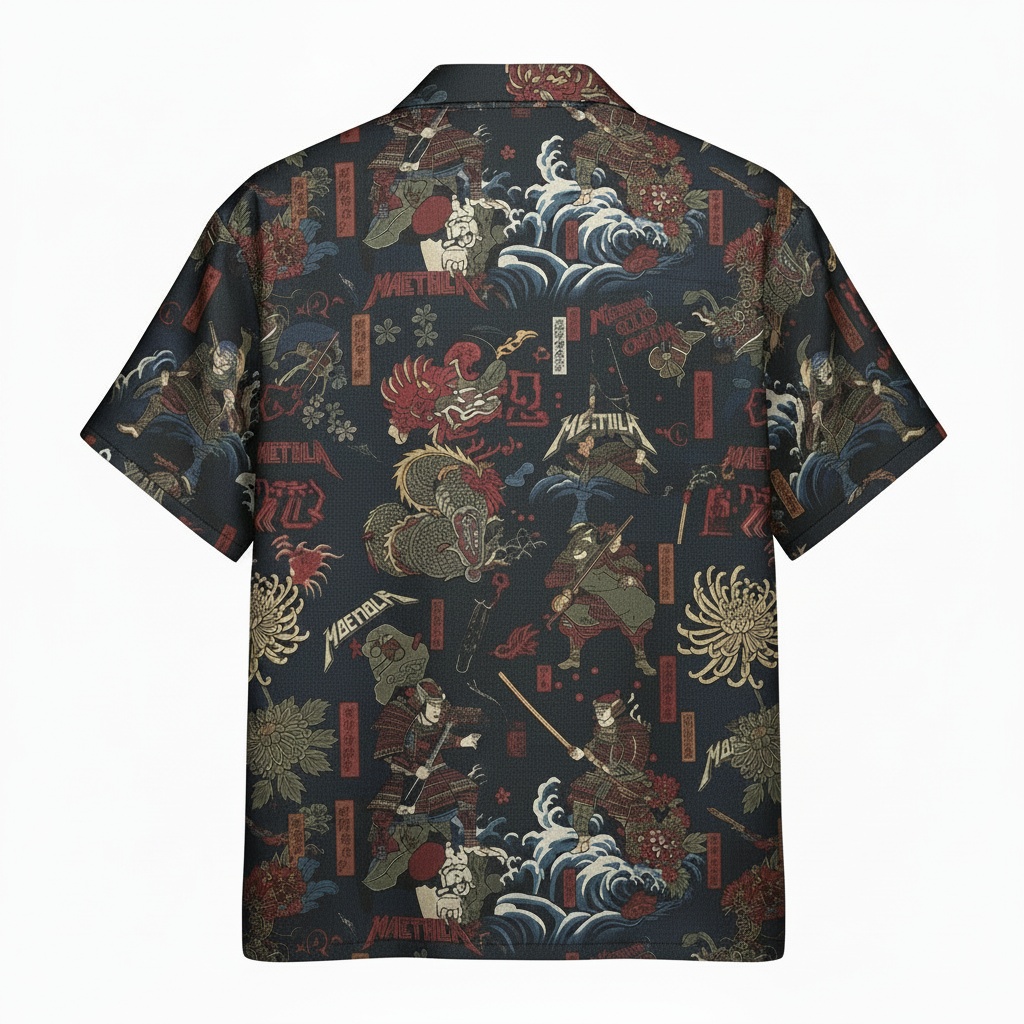 Dark Blue Samurai Dragon Print Hawaiian Shirt Men’s Casual Back - Fadebrick.com