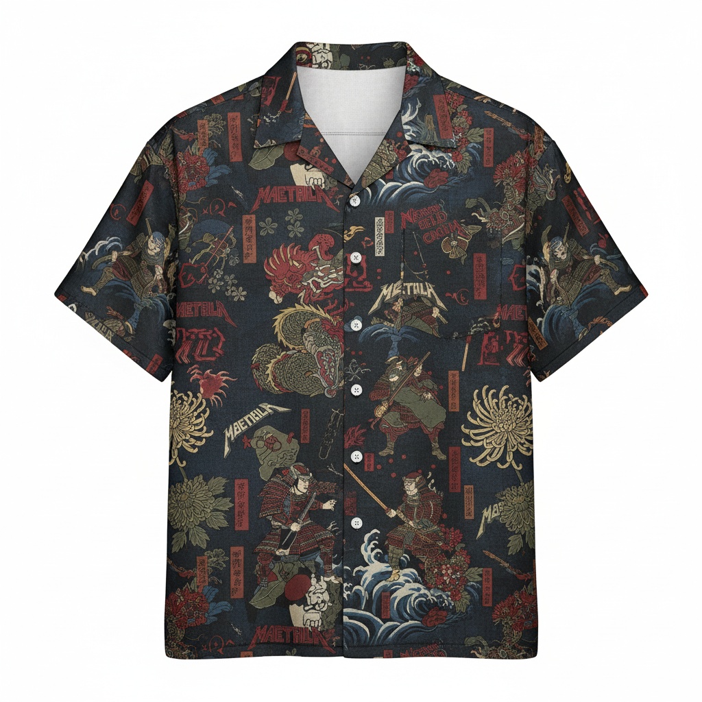 Dark Blue Samurai Dragon Print Hawaiian Shirt Men’s Casual Front - Fadebrick.com