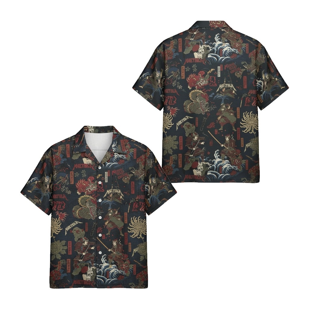 Dark Blue Samurai Dragon Print Hawaiian Shirt Men’s Casual - Fadebrick.com