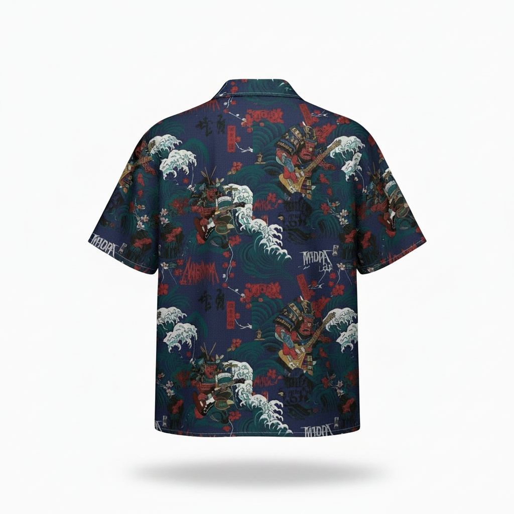 Dark Blue Samurai Wave Print Hawaiian Shirt Men Casual Back - Fadebrick.com