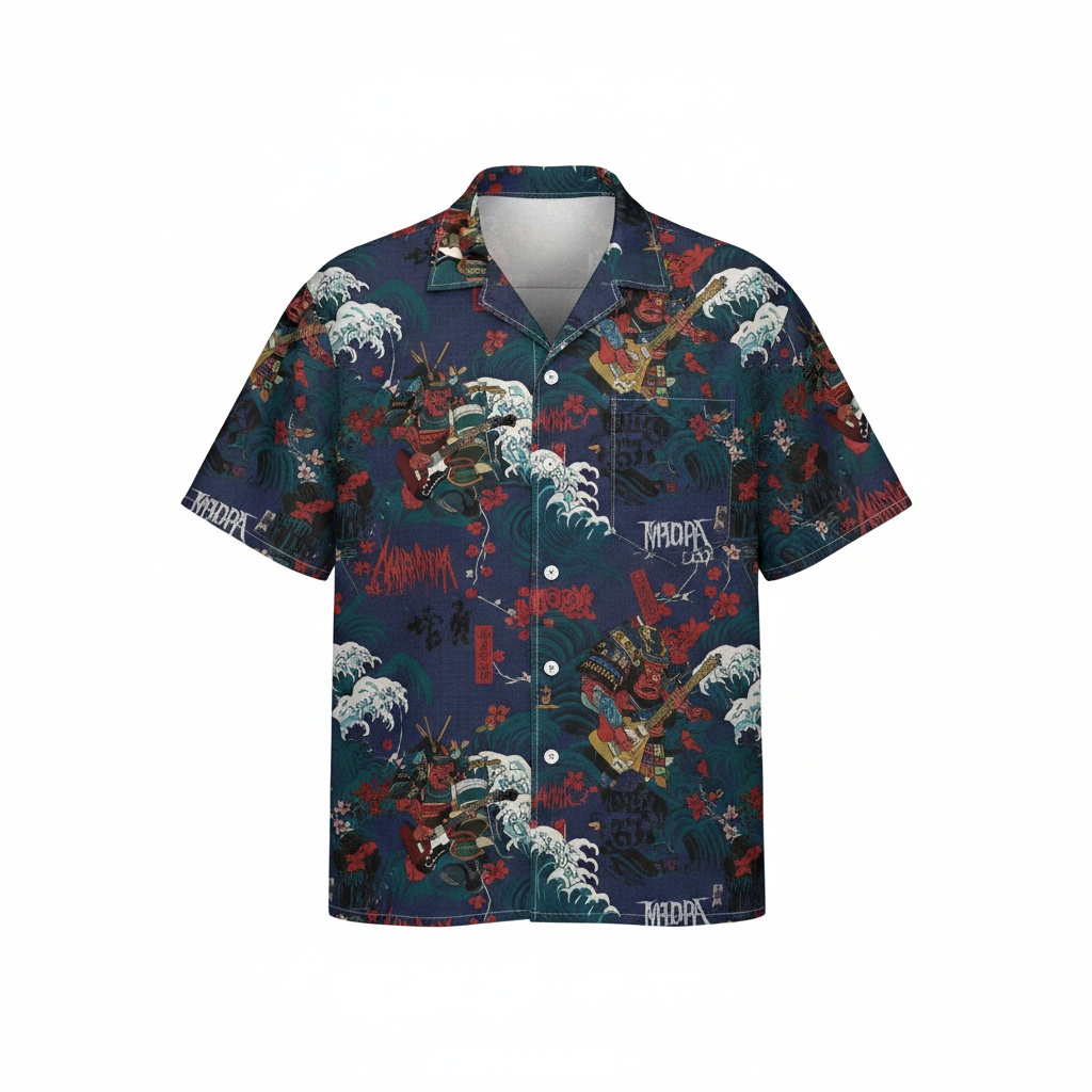 Dark Blue Samurai Wave Print Hawaiian Shirt Men Casual Front - Fadebrick.com