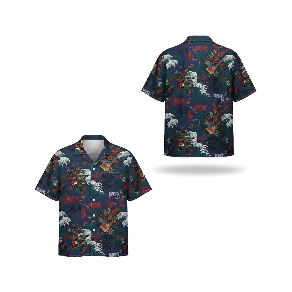 Dark Blue Samurai Wave Print Hawaiian Shirt Men Casual - Fadebrick.com
