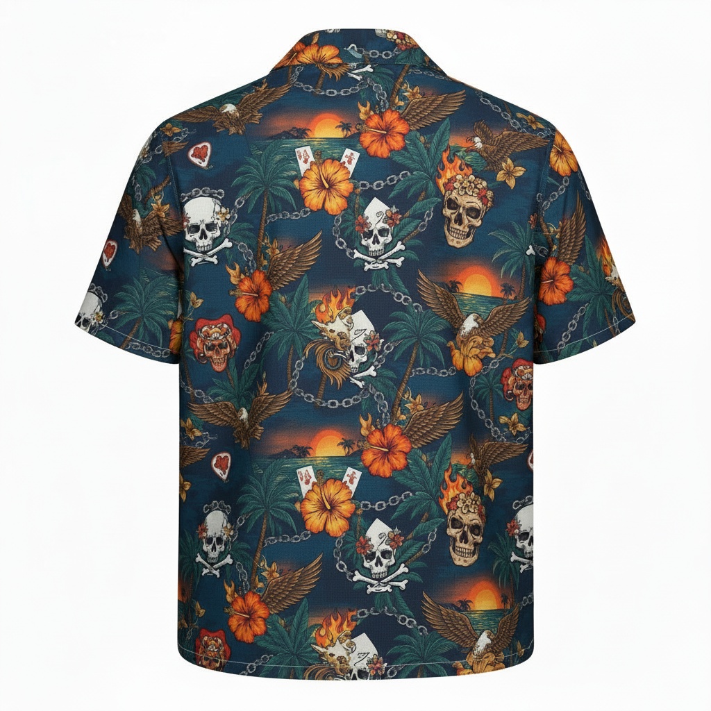 Dark Blue Skull Eagle Tropical Hawaiian Shirt Men's Casual Back - Fadebrick.com