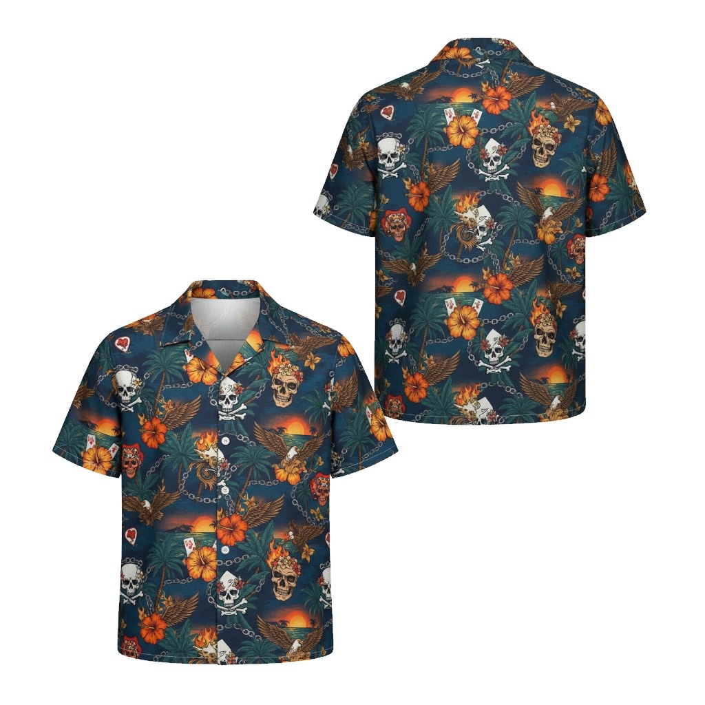 Dark Blue Skull Eagle Tropical Hawaiian Shirt Men's Casual Front Back - Fadebrick.com