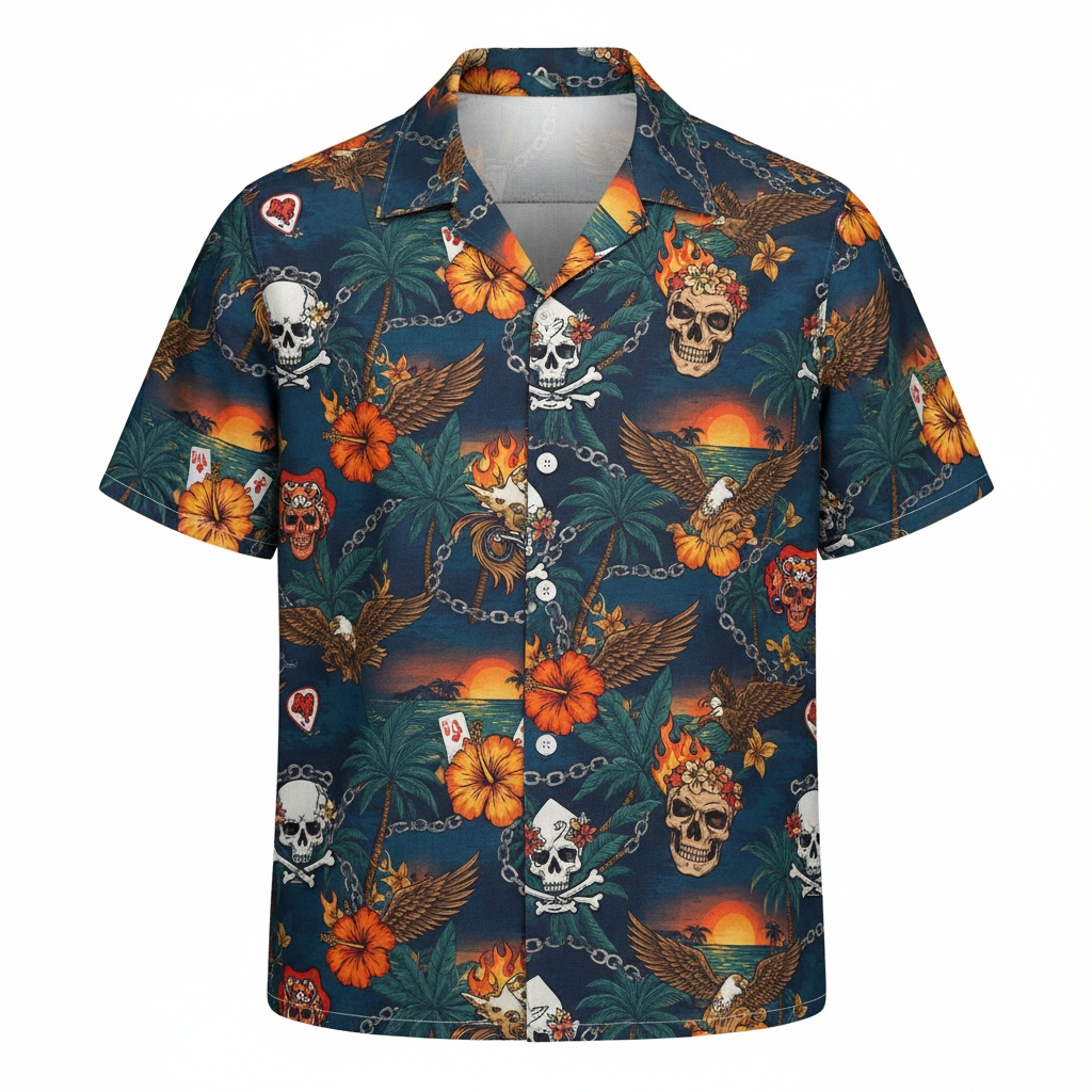 Dark Blue Skull Eagle Tropical Hawaiian Shirt Men's Casual Front - Fadebrick.com