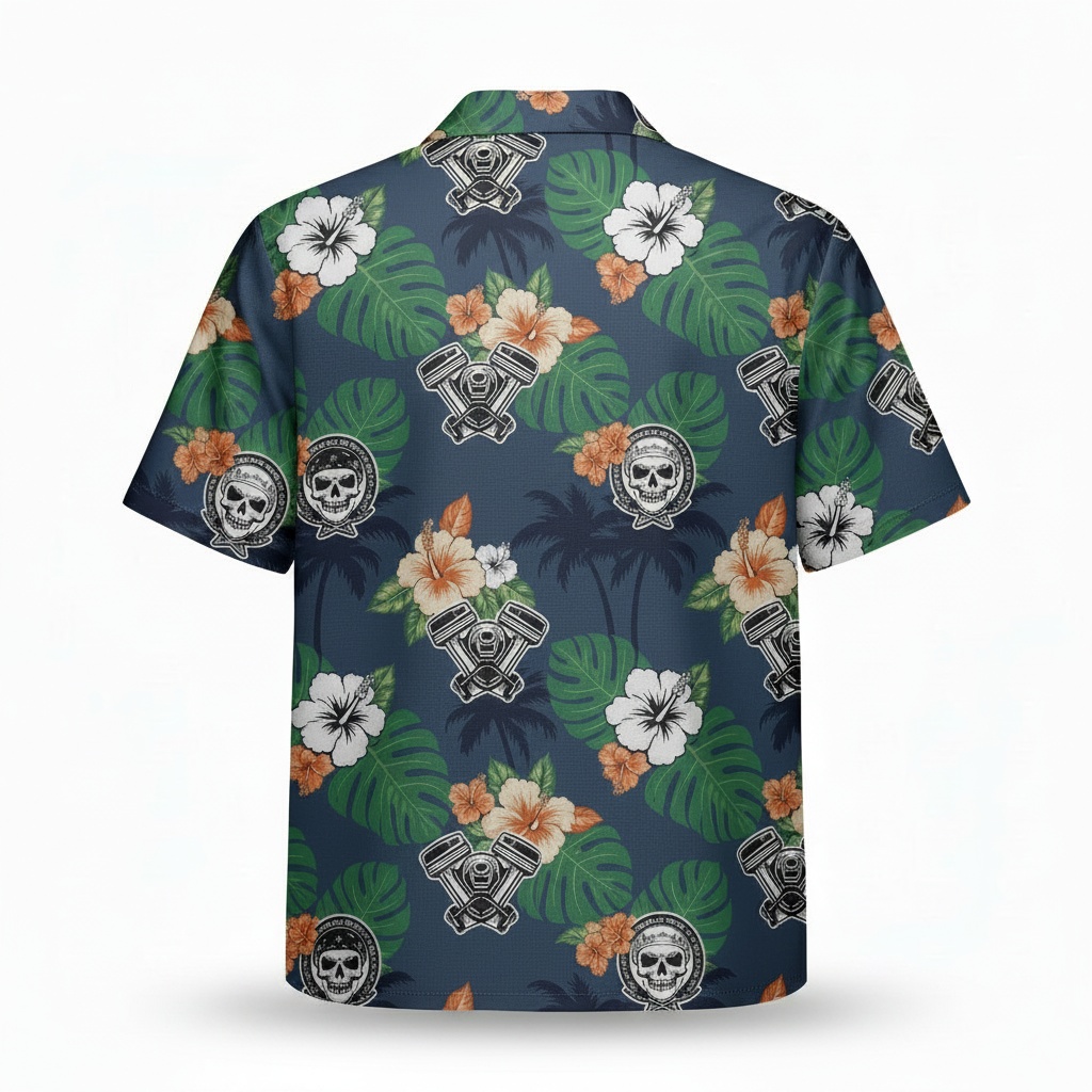 Dark Blue Skull Flower Hawaiian Shirt Men's Short Sleeve Back - Fadebrick.com