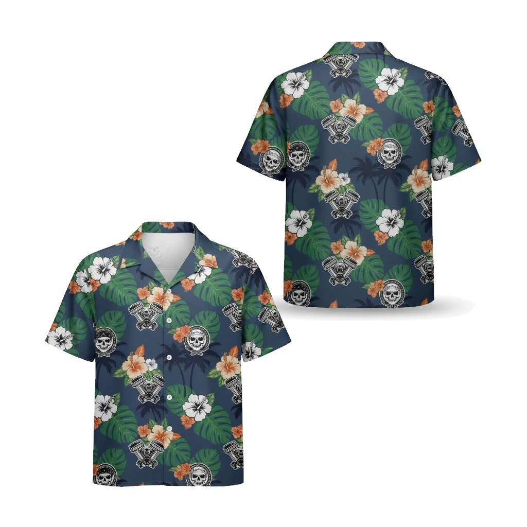 Dark Blue Skull Flower Hawaiian Shirt Men's Short Sleeve Front Back - Fadebrick.com