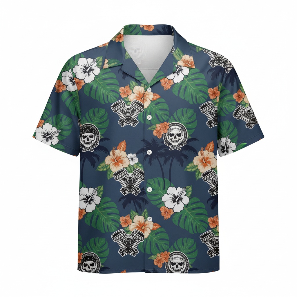 Dark Blue Skull Flower Hawaiian Shirt Men's Short Sleeve Front - Fadebrick.com