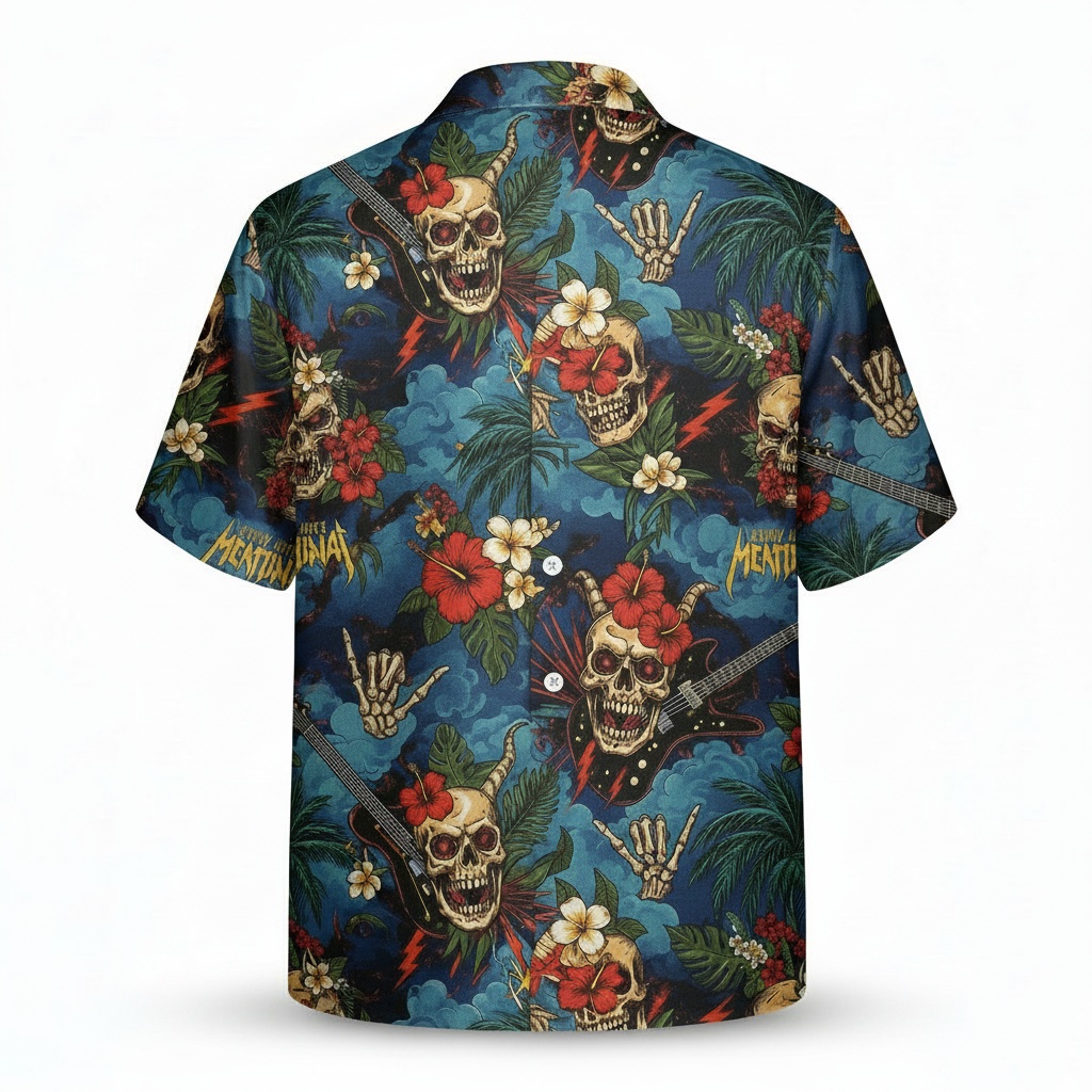 Dark Blue Skull Guitar Hawaiian Shirt Rock Music Tropical Back - Fadebrick.com