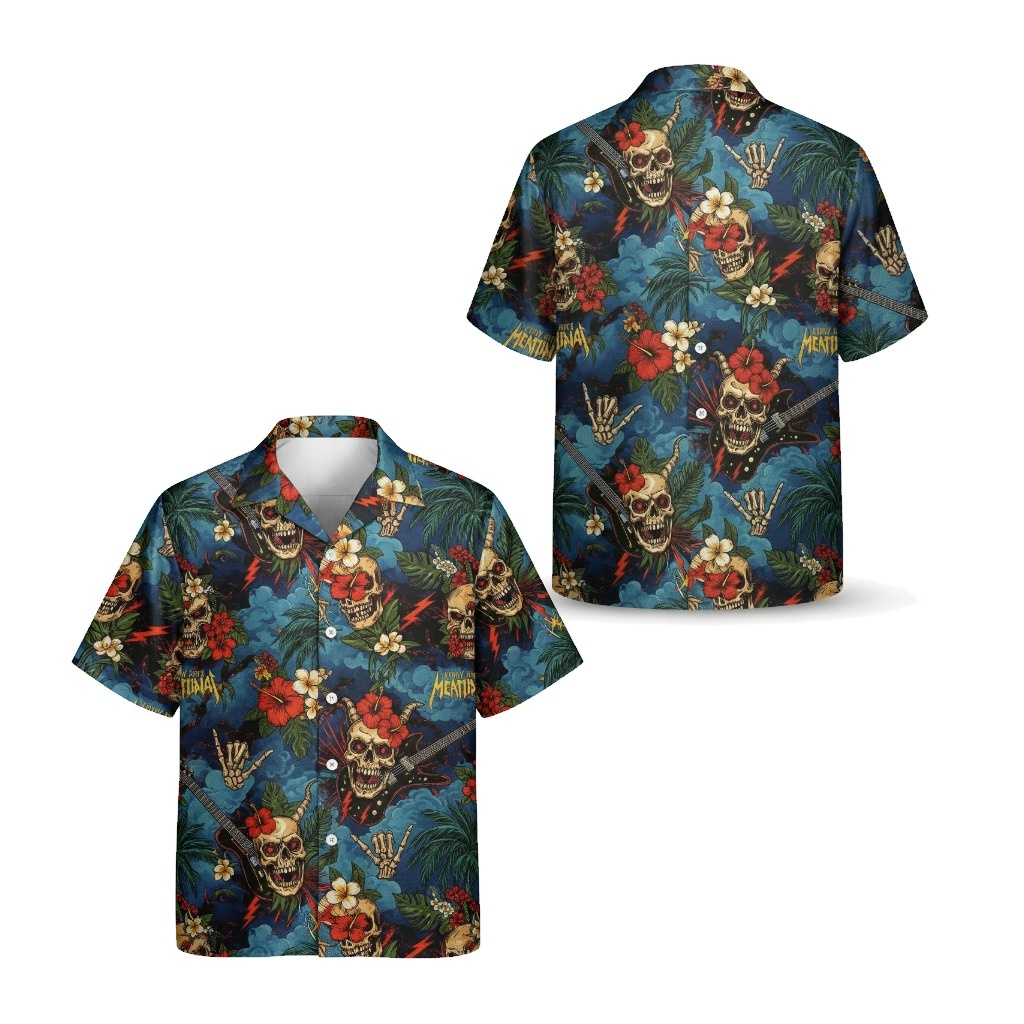 Dark Blue Skull Guitar Hawaiian Shirt Rock Music Tropical Front Back - Fadebrick.com
