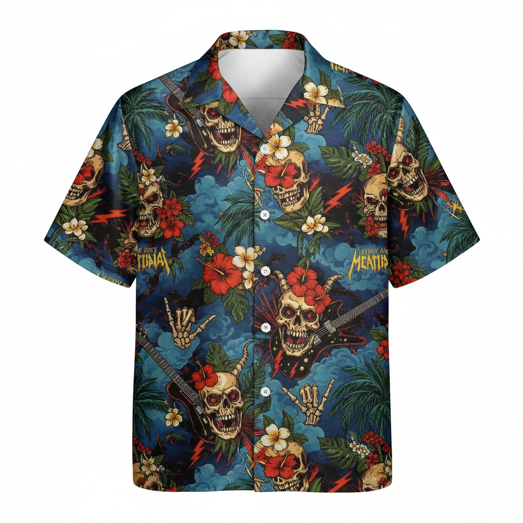 Dark Blue Skull Guitar Hawaiian Shirt Rock Music Tropical Front - Fadebrick.com
