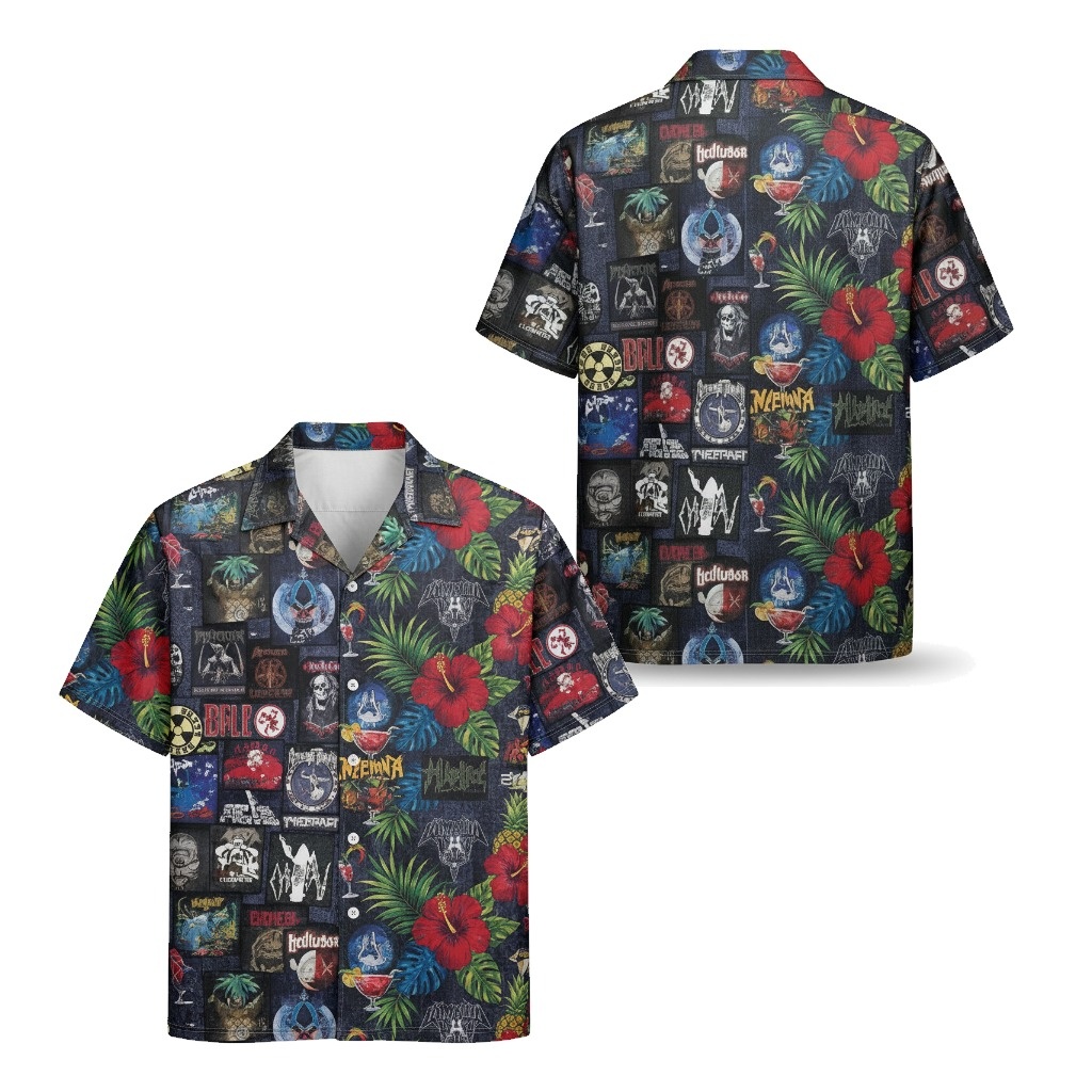 Dark Denim Heavy Metal Hawaiian Shirt Vibrant Floral Print Front Back - Fadebrick.com