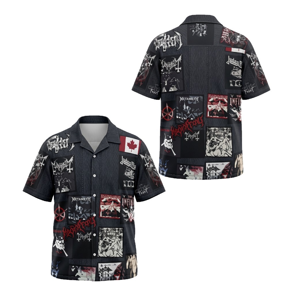 Dark Denim Patchwork Metal Band Shirt Men Fashion Front Back - Fadebrick.com