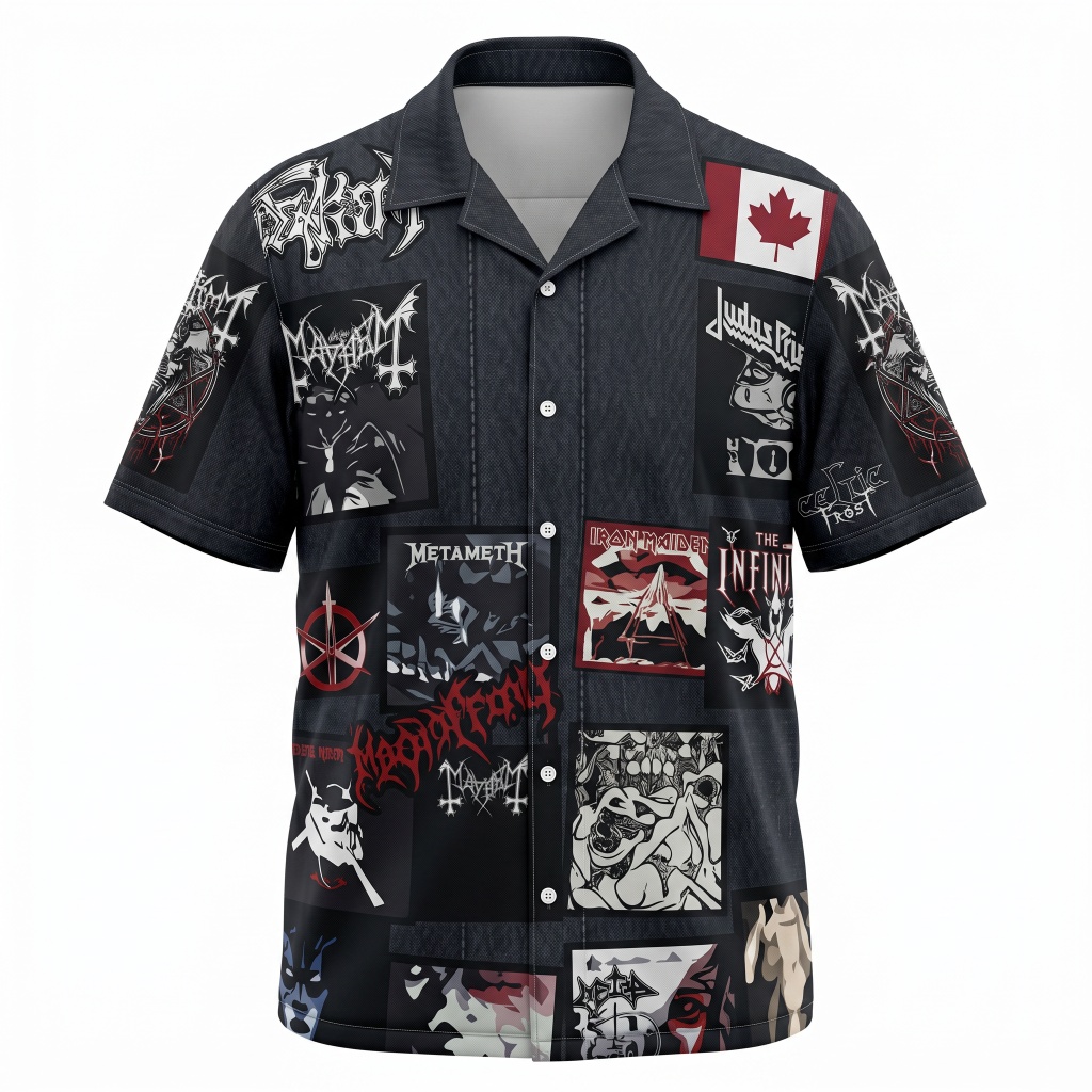 Dark Denim Patchwork Metal Band Shirt Men Fashion Front - Fadebrick.com