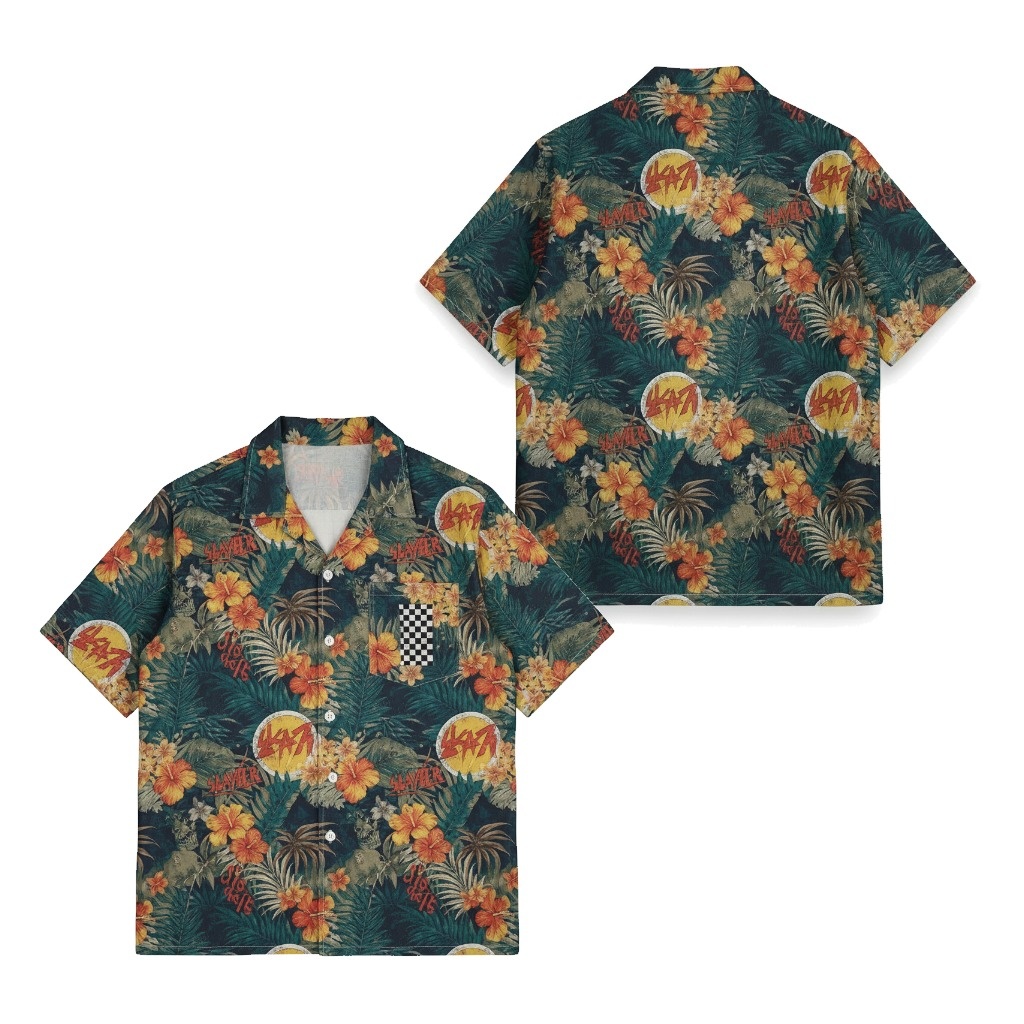 Dark Floral Hawaiian Shirt With Checkerboard Pocket Front Back - Fadebrick.com