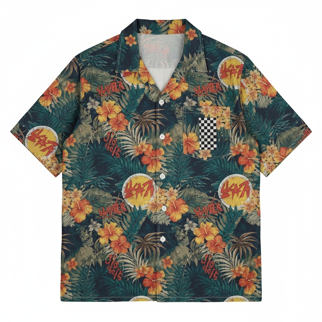 Dark Floral Hawaiian Shirt With Checkerboard Pocket Front - Fadebrick.com