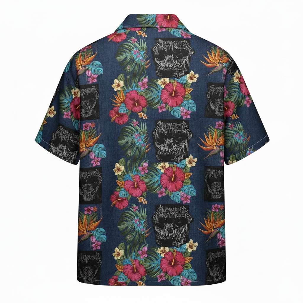 Dark Floral Skull Hawaiian Shirt Blue Tropical Style Back - Fadebrick.com