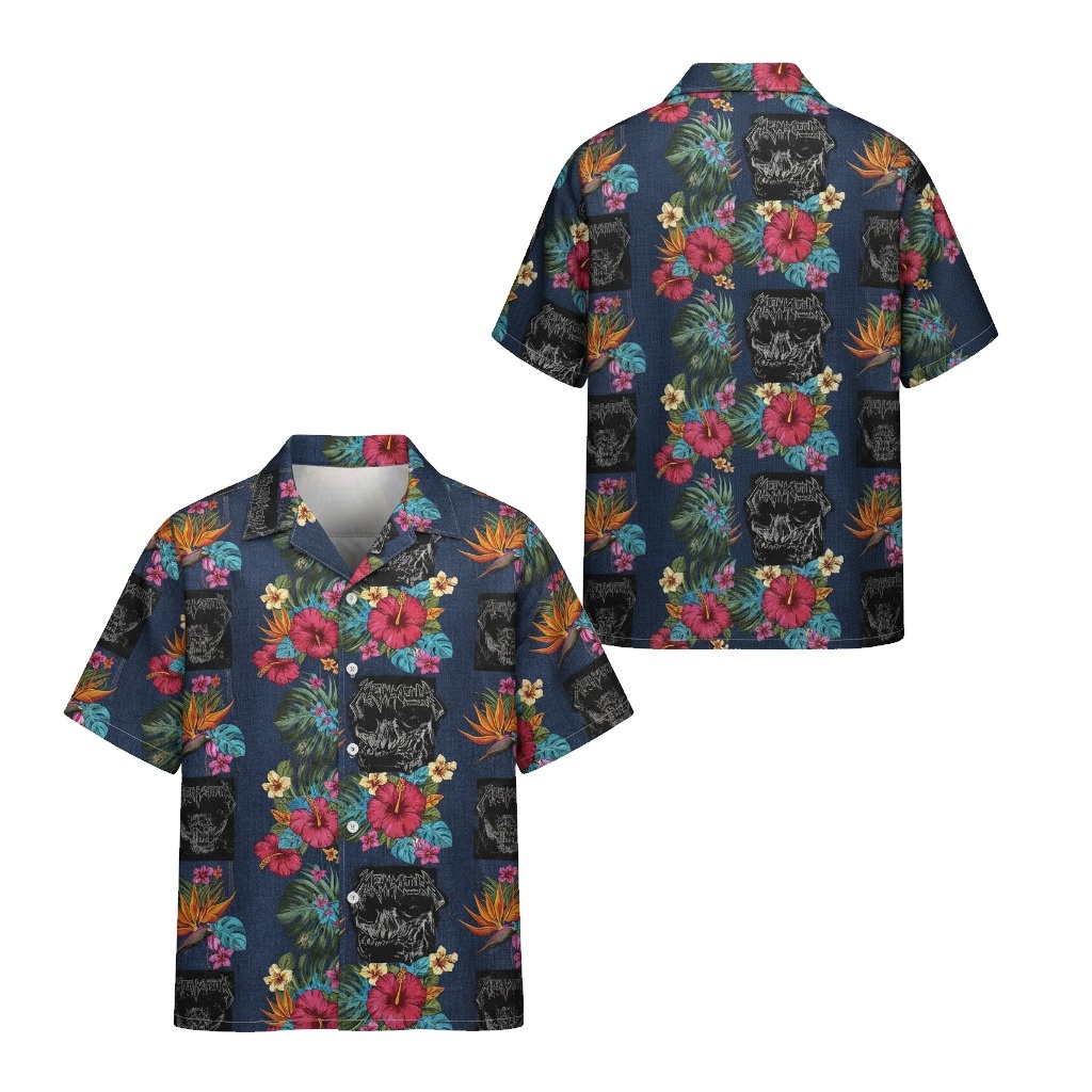 Dark Floral Skull Hawaiian Shirt Blue Tropical Style Front Back - Fadebrick.com