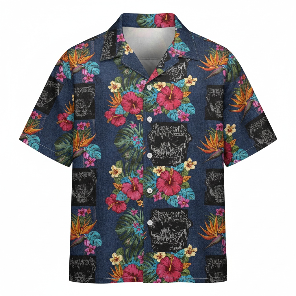 Dark Floral Skull Hawaiian Shirt Blue Tropical Style Front - Fadebrick.com