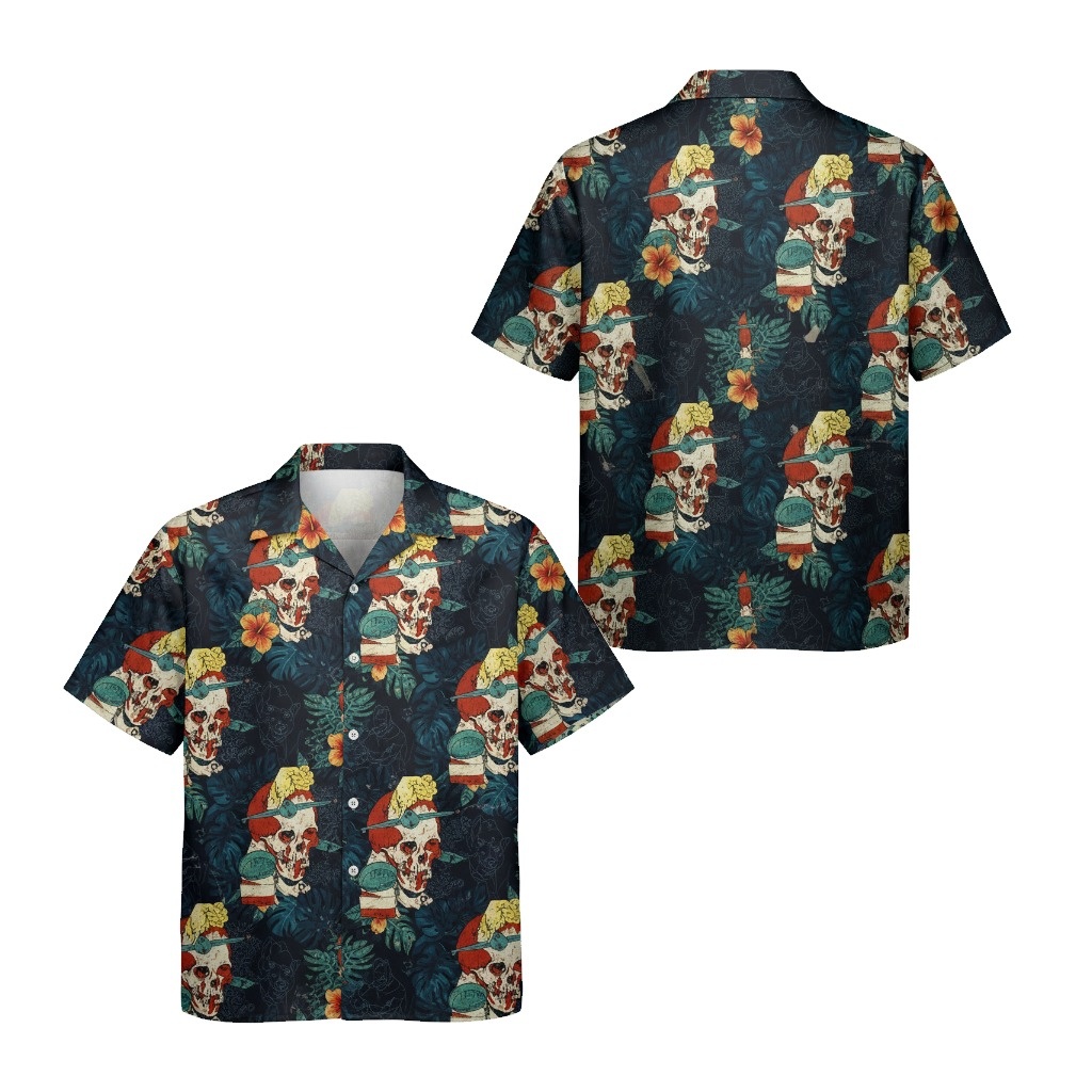 Dark Floral Skull Hawaiian Shirt Men's Tropical Vacation Front Back - Fadebrick.com