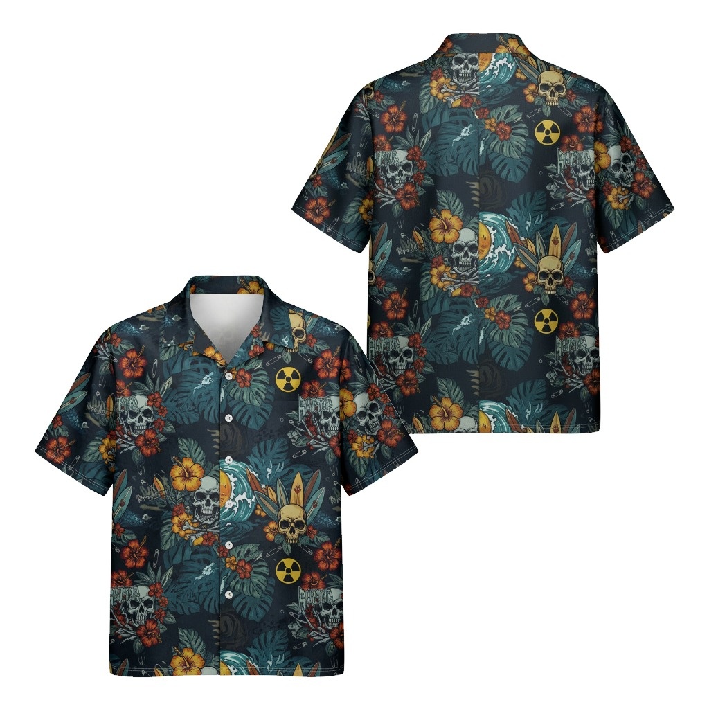 Dark Floral Skull Surf Hawaiian Shirt Front Back - Fadebrick.com