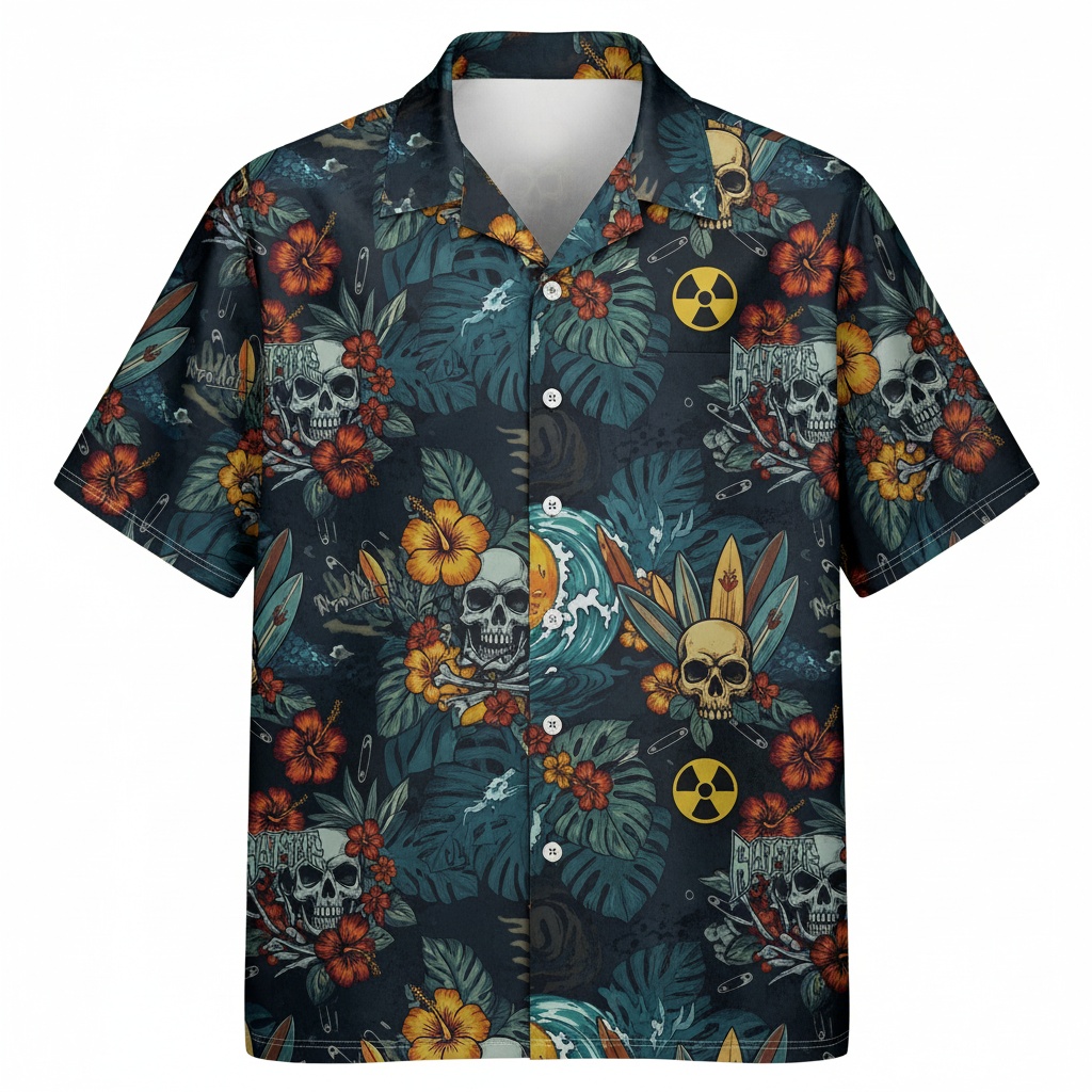 Dark Floral Skull Surf Hawaiian Shirt Front - Fadebrick.com