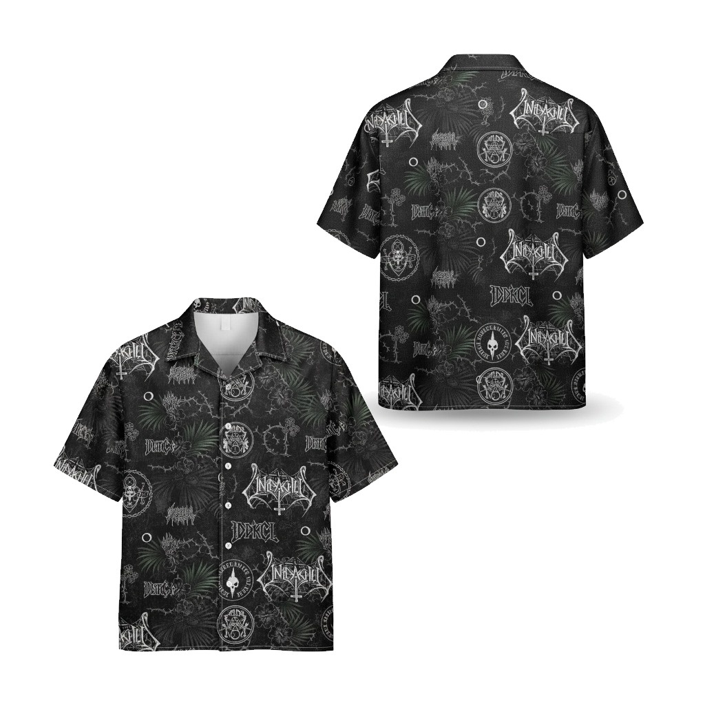 Dark Gothic Skull Hawaiian Shirt Men Black Front Back - Fadebrick.com