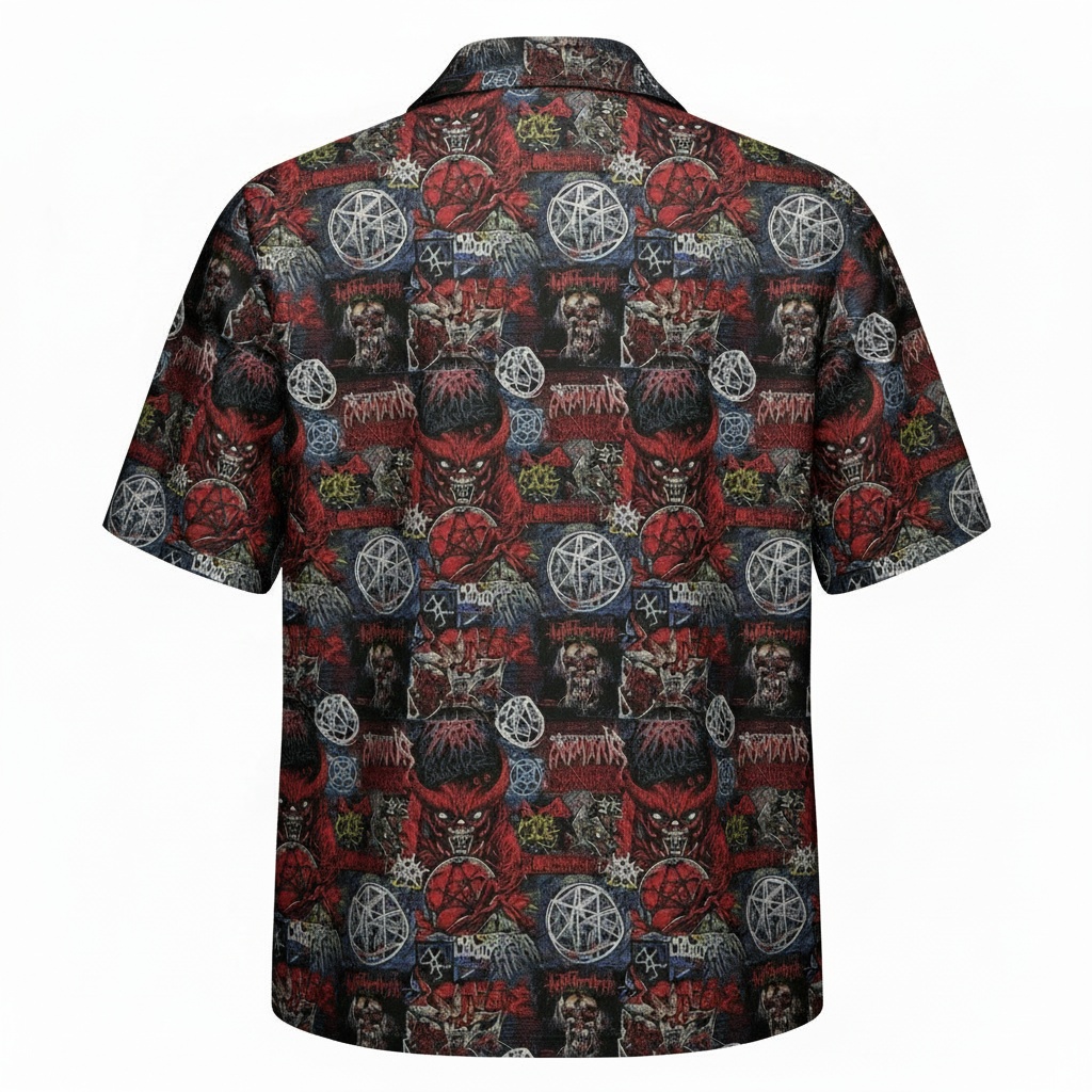 Dark Graphic Print Button Up Shirt Men's Black Red Short Back - Fadebrick.com