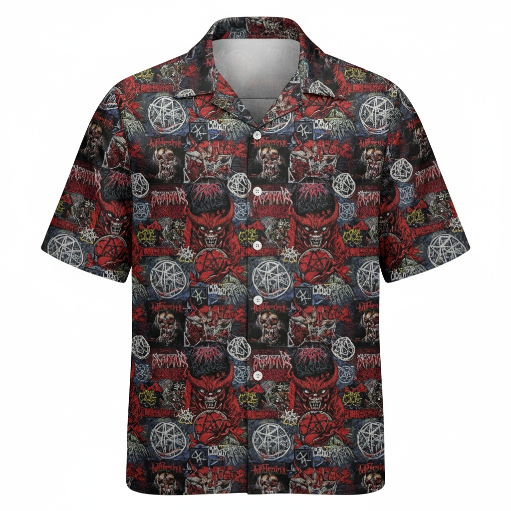 Dark Graphic Print Button Up Shirt Men's Black Red Short Front - Fadebrick.com