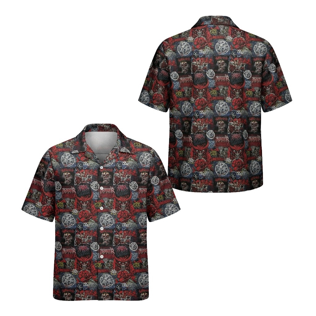 Dark Graphic Print Button Up Shirt Men's Black Red Short - Fadebrick.com