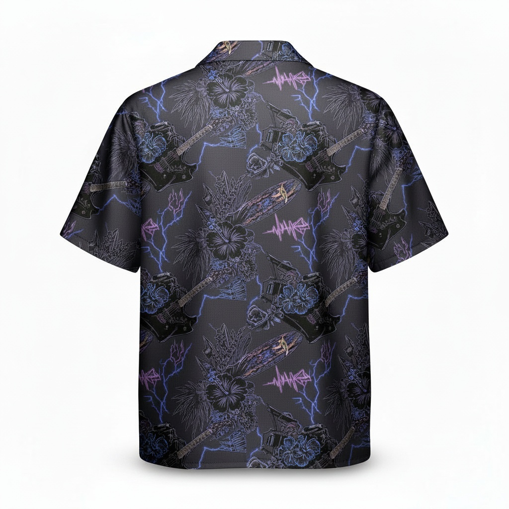 Dark Gray Electric Guitar Lightning Print Hawaiian Shirt Back - Fadebrick.com
