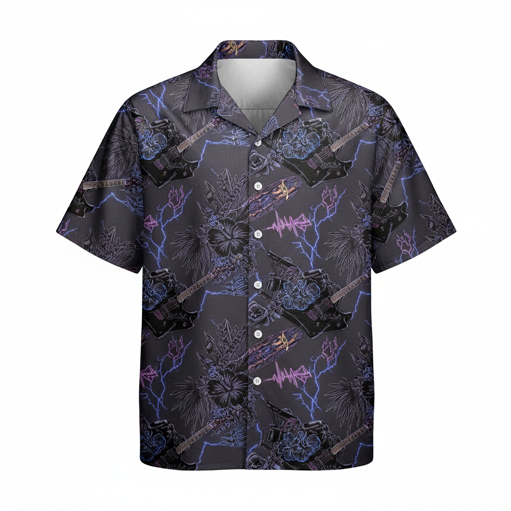 Dark Gray Electric Guitar Lightning Print Hawaiian Shirt Front - Fadebrick.com