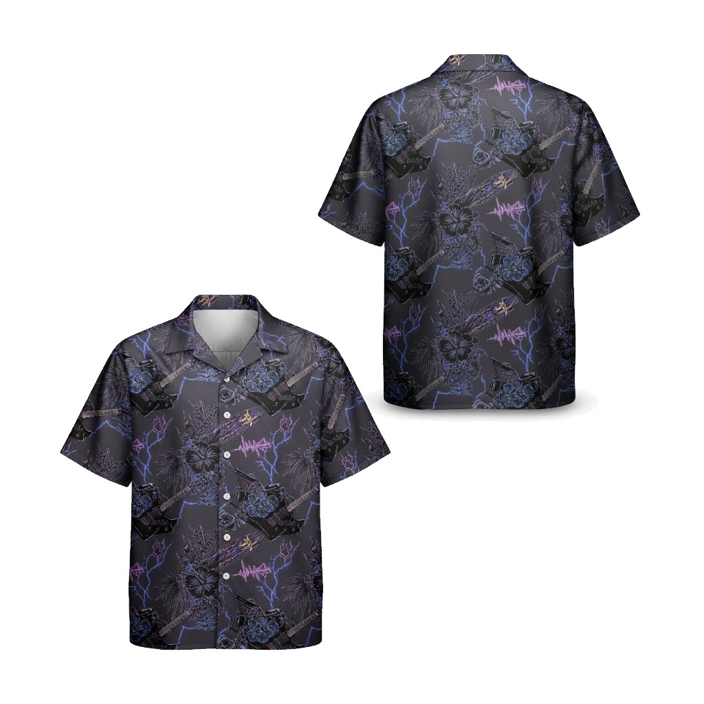 Dark Gray Electric Guitar Lightning Print Hawaiian Shirt - Fadebrick.com