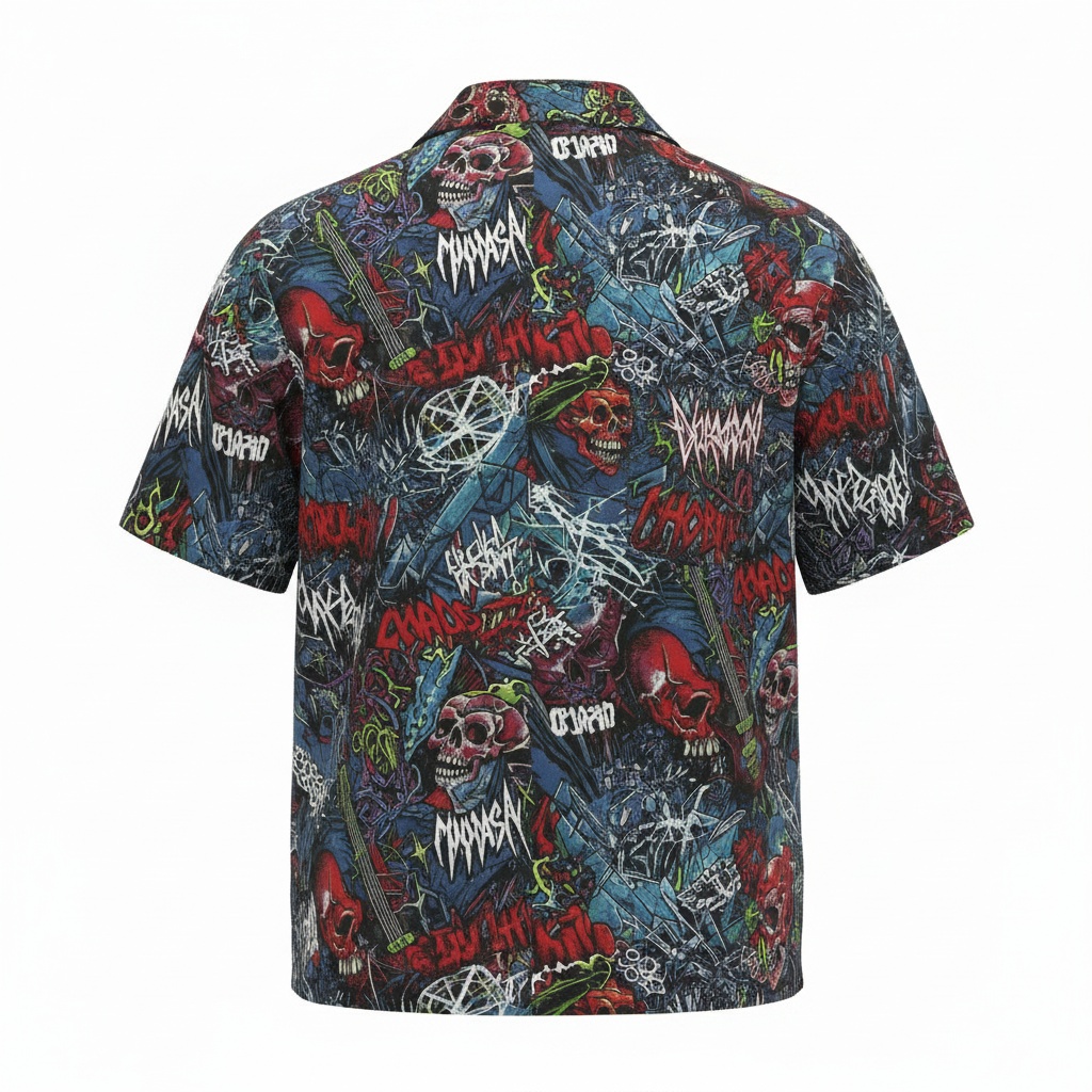 Dark Skull Chaotic Print Short Sleeve Button Up Shirt Back - Fadebrick.com