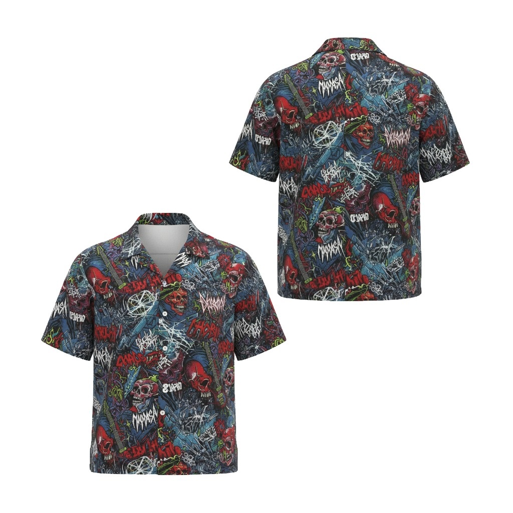 Dark Skull Chaotic Print Short Sleeve Button Up Shirt Front Back - Fadebrick.com