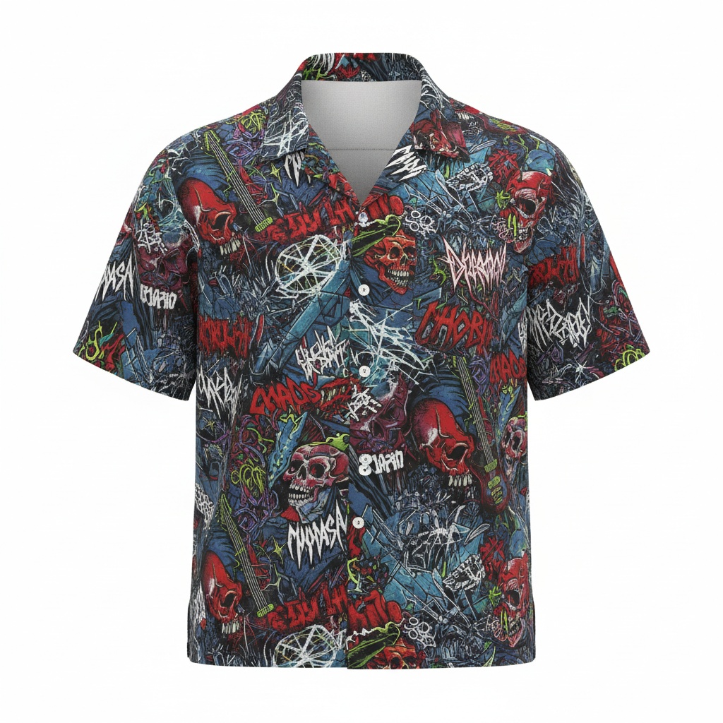 Dark Skull Chaotic Print Short Sleeve Button Up Shirt Front - Fadebrick.com