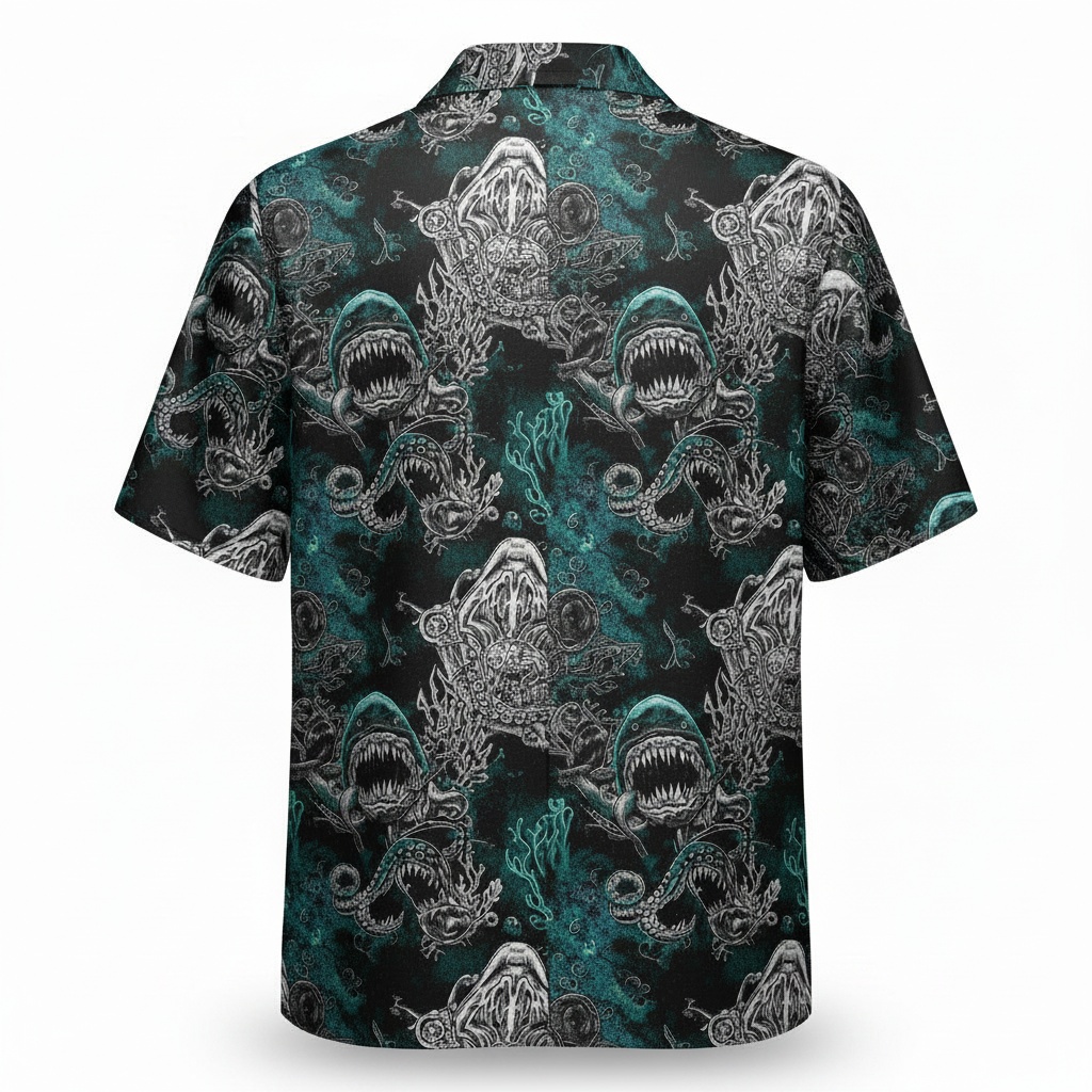 Dark Teal Shark Kraken Hawaiian Shirt Men's Graphic Print Back - Fadebrick.com