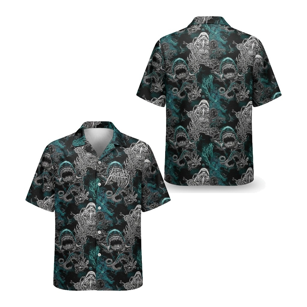 Dark Teal Shark Kraken Hawaiian Shirt Men's Graphic Print Front Back - Fadebrick.com