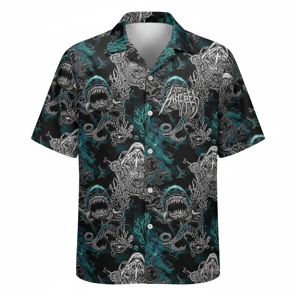 Dark Teal Shark Kraken Hawaiian Shirt Men's Graphic Print Front - Fadebrick.com