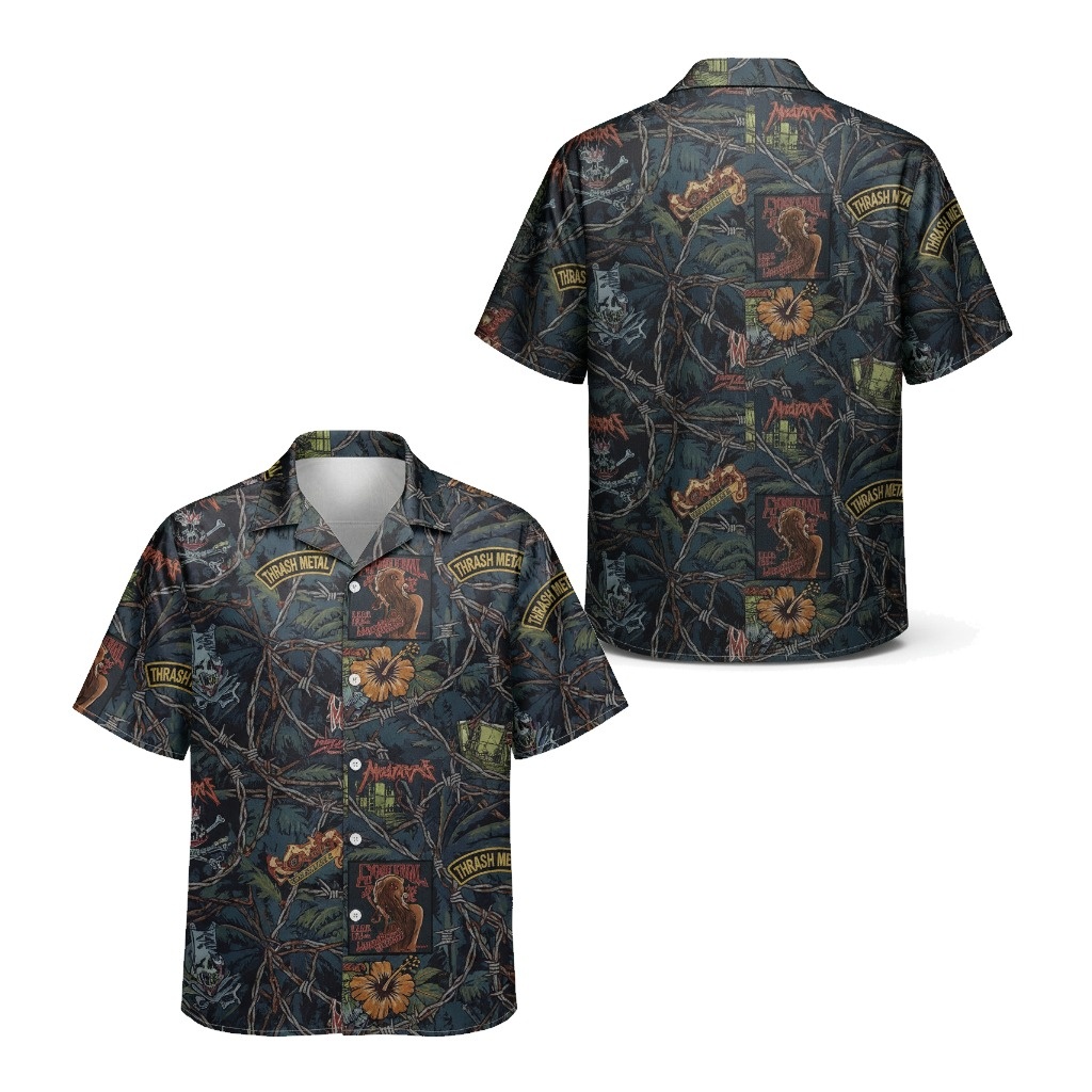 Dark Thrash Metal Hawaiian Shirt Skull Graphic Print Front Back - Fadebrick.com