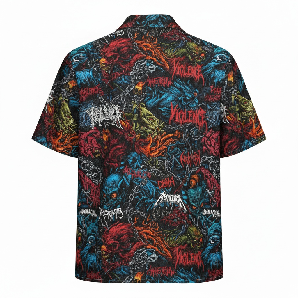 Darkly Themed Graphic Print Button Up Shirt Men's Black Red Back - Fadebrick.com