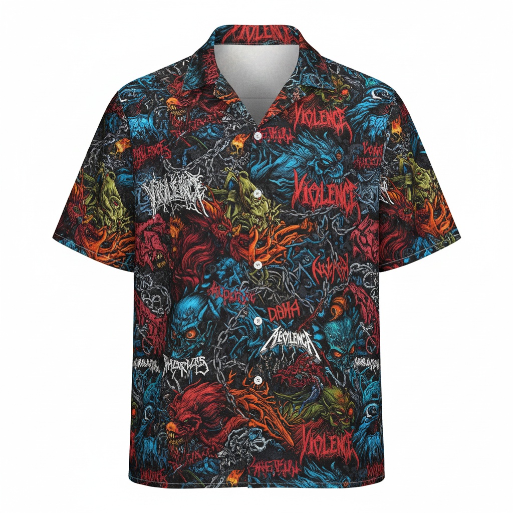Darkly Themed Graphic Print Button Up Shirt Men's Black Red Front - Fadebrick.com