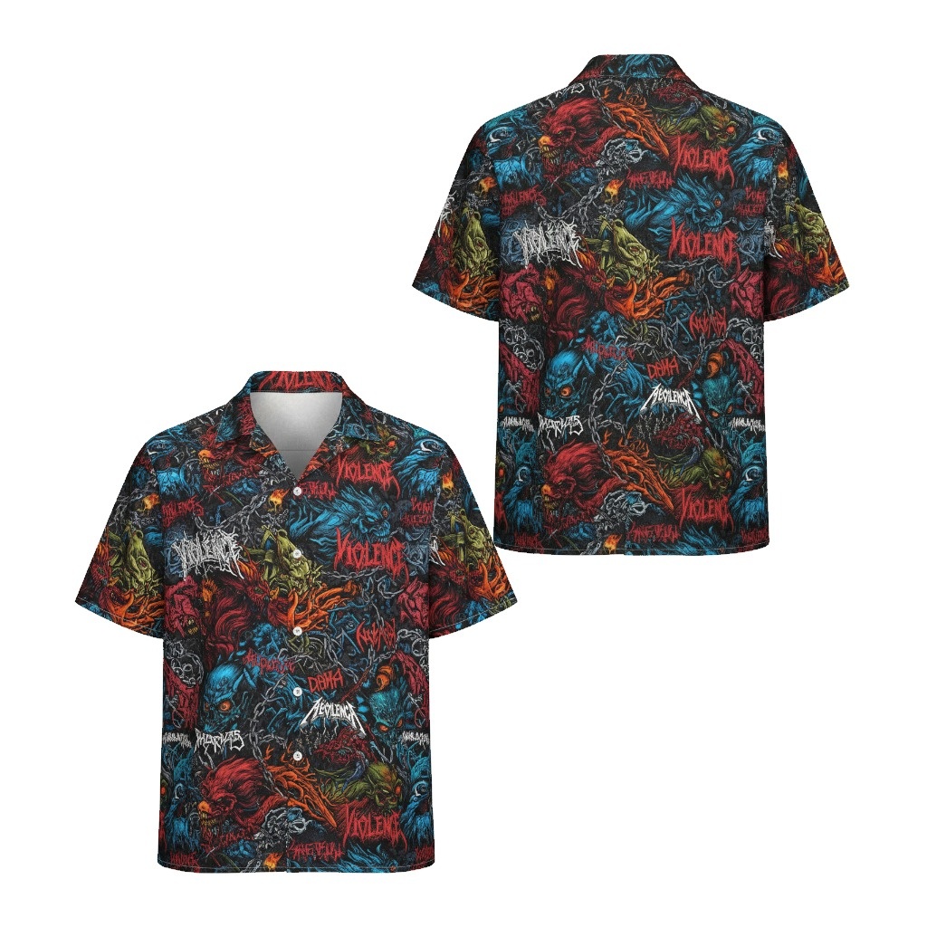 Darkly Themed Graphic Print Button Up Shirt Men's Black Red - Fadebrick.com