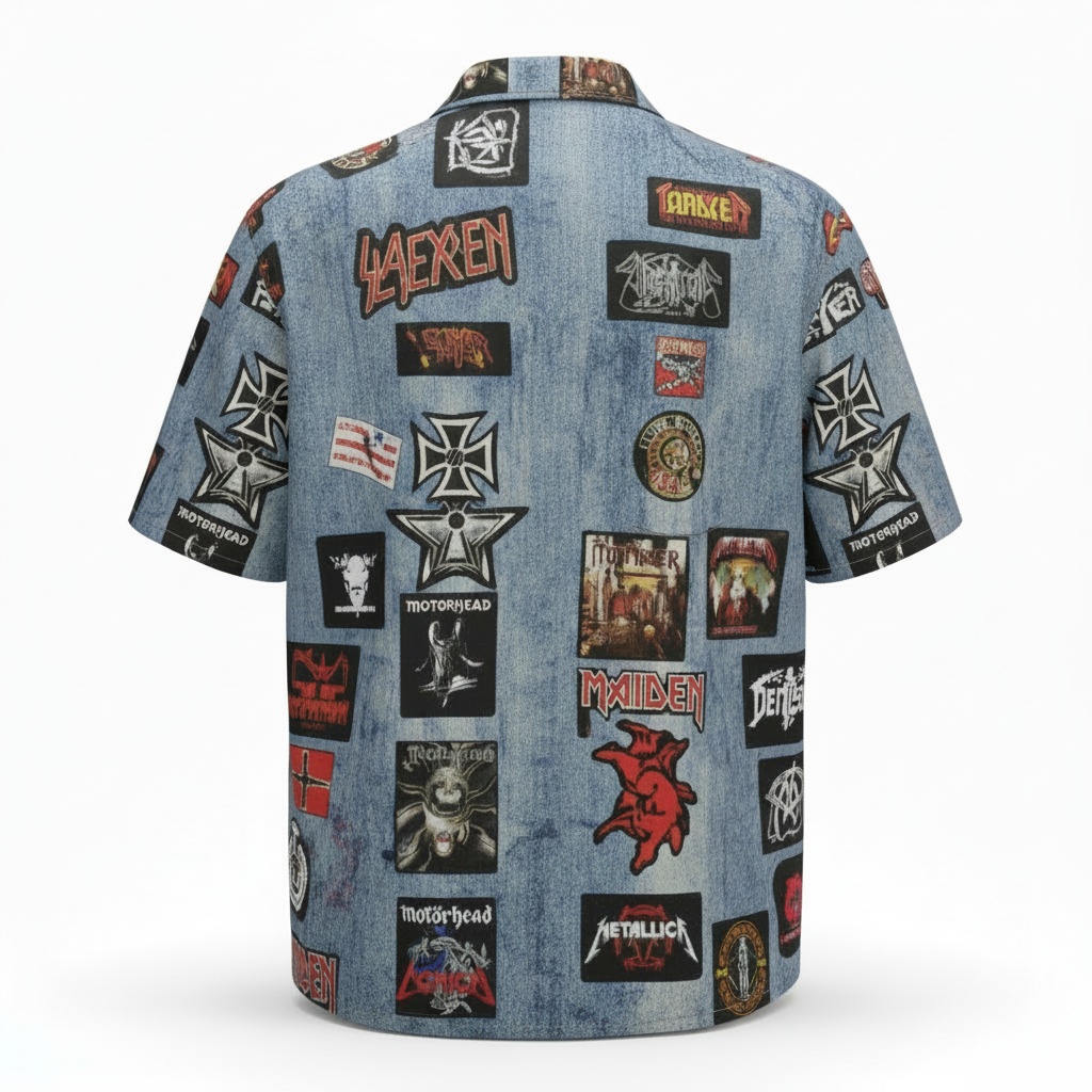 Denim Band Patch Hawaiian Shirt Blue Rock Metal Style Back - Fadebrick.com
