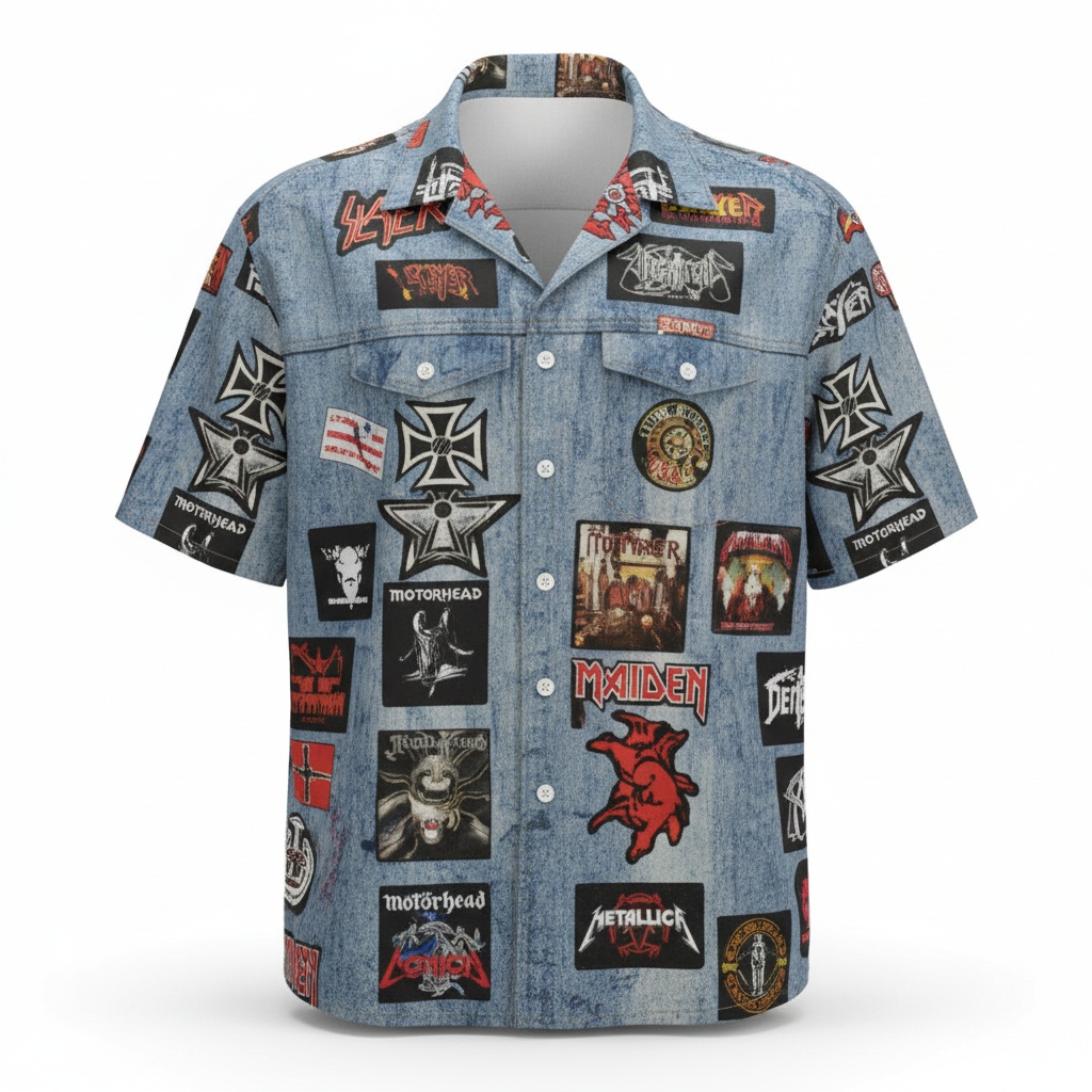 Denim Band Patch Hawaiian Shirt Blue Rock Metal Style Front - Fadebrick.com