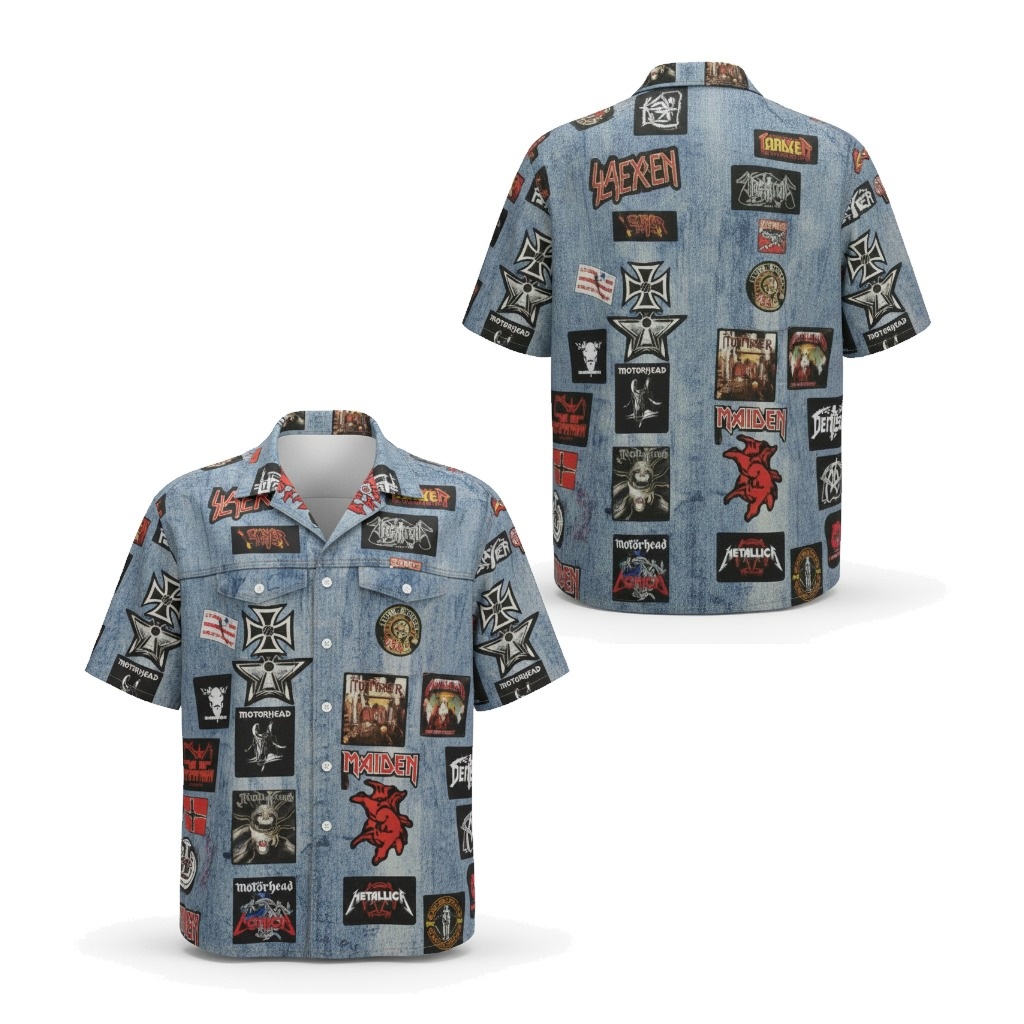 Denim Band Patch Hawaiian Shirt Blue Rock Metal Style - Fadebrick.com