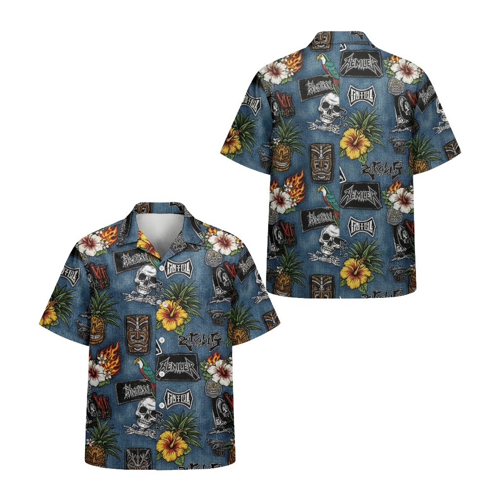 Denim Skull Tiki Hawaiian Shirt For Men Front Back - Fadebrick.com